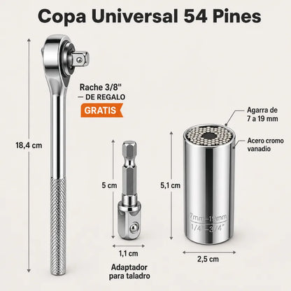Copa Universal 54 Pines: afloja y aprieta cualquier tuerca o tornillo, se ajusta sola en segundos