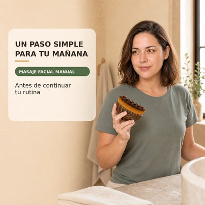 Modelo 02 sosteniendo el cepillo facial frente al tocador durante su rutina de mañana